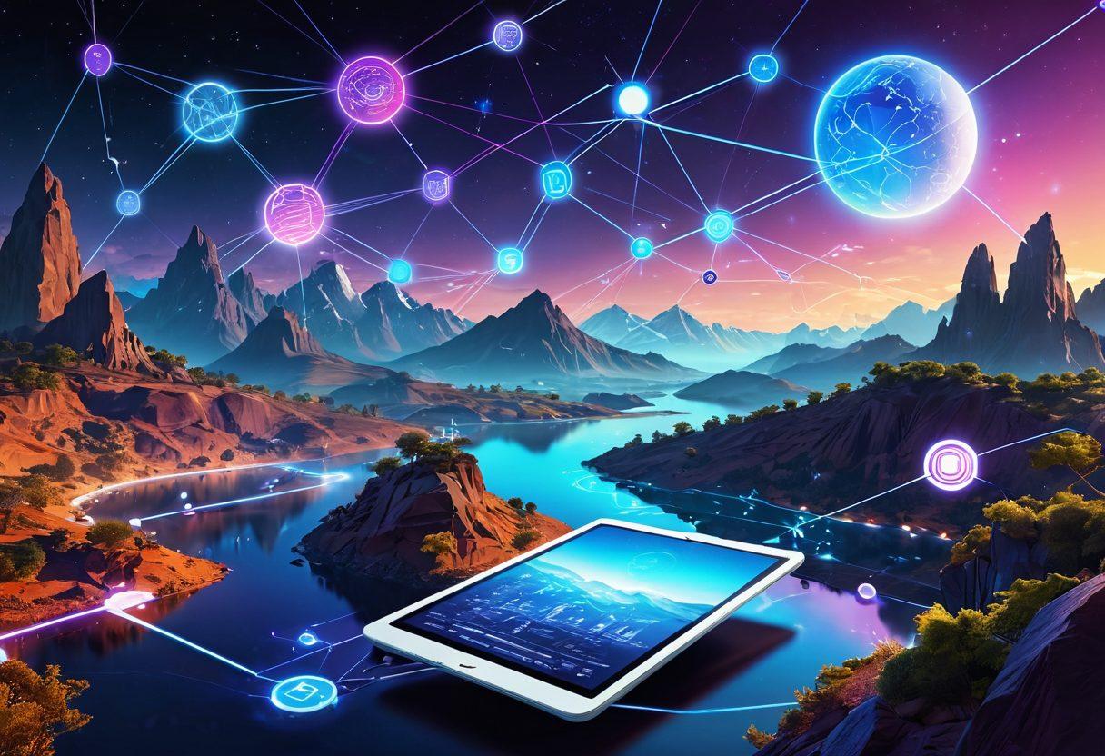 A futuristic landscape symbolizing the digital world, featuring a vast network of interconnected nodes and glowing pathways. Include diverse characters using various free digital tools like tablets and laptops, exploring data and information. Add vibrant holographic icons representing knowledge and resources floating around. The scene should be bright and engaging, illustrating the ease of navigating the digital landscape. super-realistic. vibrant colors. 3D.