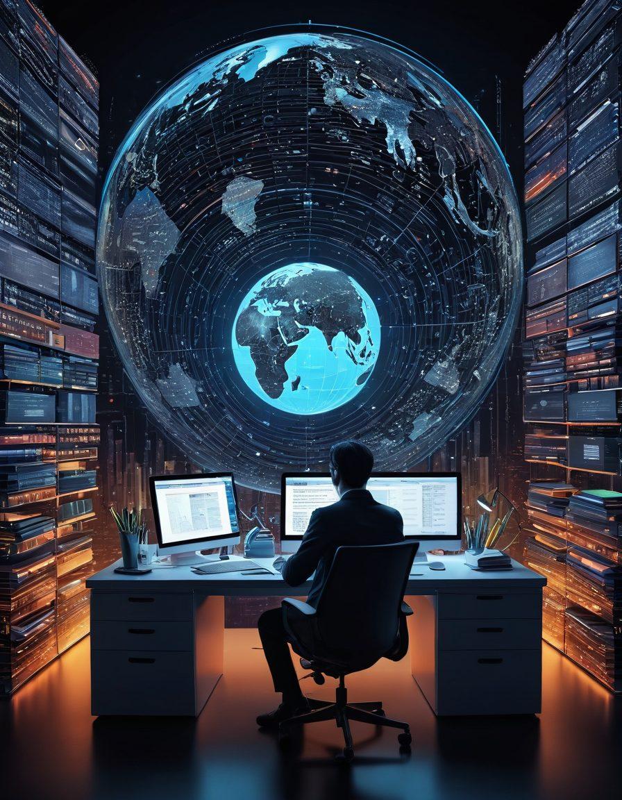 An intricate digital collage showing a person seated at a modern desk, surrounded by glowing screens filled with search queries, data graphs, and resources. Illustrate a flow of information with arrows leading to books, articles, and websites. Include elements like a globe and a magnifying glass to symbolize exploration. The background should be a blend of a bright library and a high-tech research lab. vibrant colors. 3D.