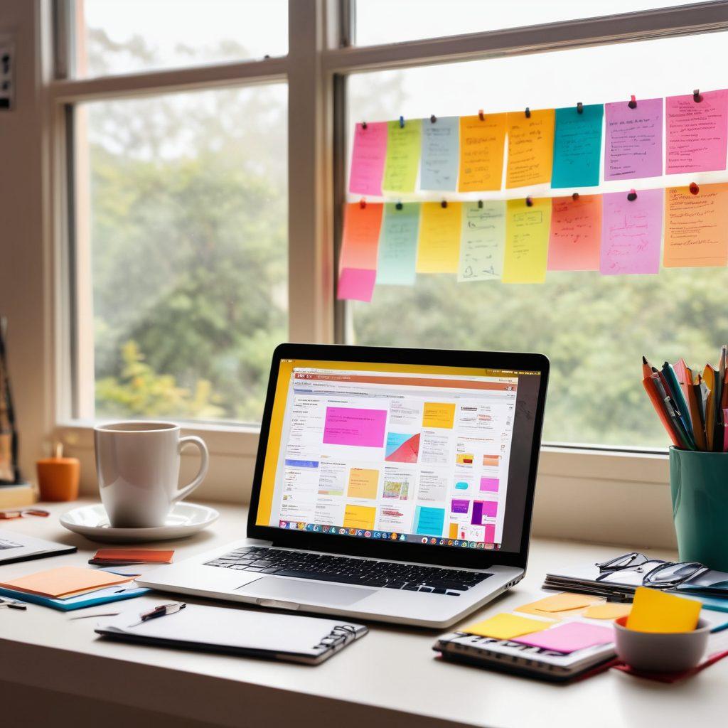 A vibrant workspace filled with various digital tools and devices: a laptop displaying a research website, colorful sticky notes with ideas, a cup of coffee, and an open notebook with sketches. The background features a large window with sunlight streaming in, symbolizing enlightenment and discovery. The overall atmosphere is inviting and inspiring, capturing the essence of online research. super-realistic. vibrant colors. white background.